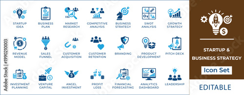 Startup and business strategy icon set featuring venture capital, angel investment, SWOT analysis, sales funnel, revenue model, pitch deck, and financial forecasting symbols.