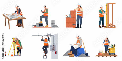 Collection of construction workers and engineers including architects, surveyors, electricians, and builders in high-visibility gear performing various tasks in flat vector style.
