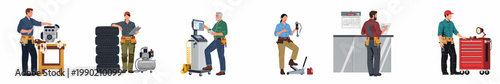Collection of Professional Auto Mechanics and Technicians Working in a Car Repair Shop with Specialized Tools, Diagnostic Equipment, and Spare Parts Vector Illustration