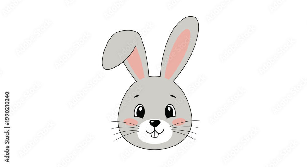 Obraz premium Cute Grey Bunny Face Illustration, Adorable Rabbit Head with Big Eyes and Pink Cheeks