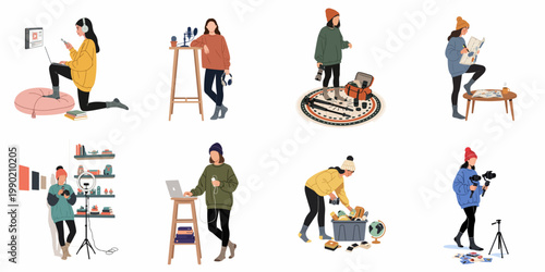 Flat illustration collection of young women engaged in creative content creation, including vlogging, podcasting, photography, and travel planning in a modern home setting.