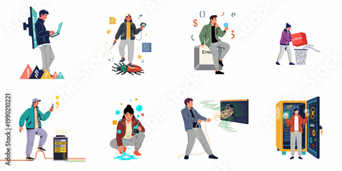 Flat vector character illustrations for software development, debugging, coding, technical support, and data server maintenance concepts.