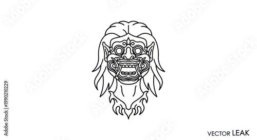 Mythological Demon Face Line Art Icon - Scary Creature Head Vector Illustration