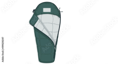 Open teal camping sleeping bag vector illustration; unzipped liner shows white filling against dark outer material; adventure and travel