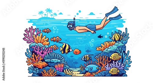 Snorkeler exploring vibrant coral reef with tropical fish in clear blue ocean water