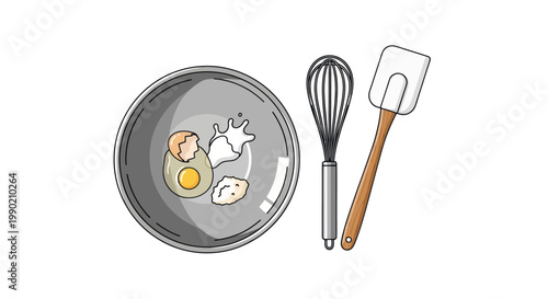 Baking ingredients and tools: cracked egg in bowl with whisk and spatula