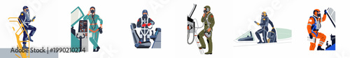 Set of illustrations featuring male and female military pilots in flight suits and helmets, performing various tasks in aircraft and cockpits.