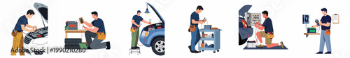 Professional Auto Electrician and Mechanic Performing Car Electrical Repairs, Battery Maintenance, and Diagnostics in a Series of Detailed Flat Illustrations