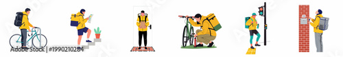 Flat vector illustration set of delivery couriers in yellow uniforms performing various tasks including biking, walking, and delivering packages to customers.