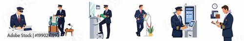 Set of flat vector illustrations showing male airline pilots in professional uniform performing various pre-flight duties and administrative tasks at an airport.