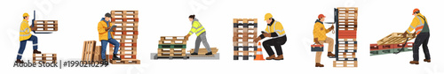Collection of illustrations showing warehouse workers in safety gear managing wooden pallets, conducting inventory, and using forklift equipment in a logistics setting.