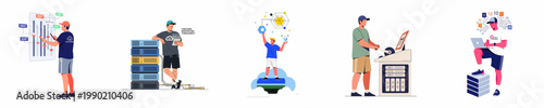 Flat vector illustrations of IT professionals managing cloud infrastructure, monitoring server throughput, and performing software development tasks for technology and data centers.