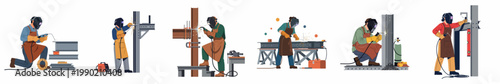 Set of flat vector illustrations of male and female professional welders working with metal beams and structures wearing protective gear.