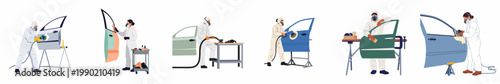 Collection of professional auto body shop technicians in protective suits sanding and preparing car doors for painting and restoration.