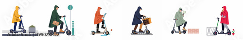 Collection of flat vector illustrations depicting people wearing raincoats and riding electric scooters for city commuting and delivery in rainy weather.