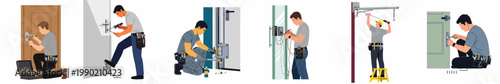 Flat vector set of locksmiths and door repair technicians installing locks, repairing hinges, testing electronic systems, and fixing automatic door closers.