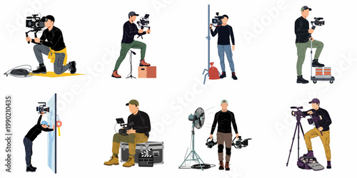 A set of flat vector illustrations showing camera operators and videographers at work with professional cinema gear and equipment on white background.