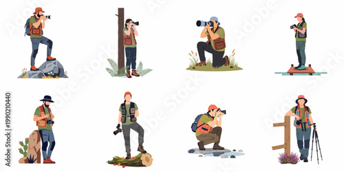 Collection of flat vector illustrations depicting professional nature photographers with cameras and gear in various outdoor environments