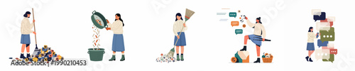 Flat vector illustrations of a woman organizing, cleaning, and filtering digital data, representing information management, content curation, and data hygiene processes.