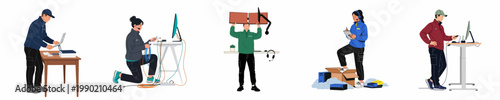 IT support team illustrations showing hardware installation, cable management, workstation setup, and technical maintenance services on white background.