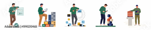 Set of five illustrations featuring a male developer working with code, APIs, data servers, script parameters, and digital storage concepts.