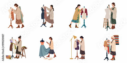 A collection of illustrations featuring female fashion designers and seamstresses at work, using mannequins, fabrics, and various tailoring tools in their studio.