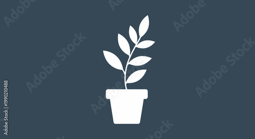 Potted plant illustration in white on solid dark blue background; a minimal design of indoor greenery for simplistic home decoration and a fresh concept
