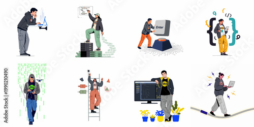 A collection of stylized illustrations showing various professionals in the technology and IT sectors, including programmers, server engineers, and software developers.