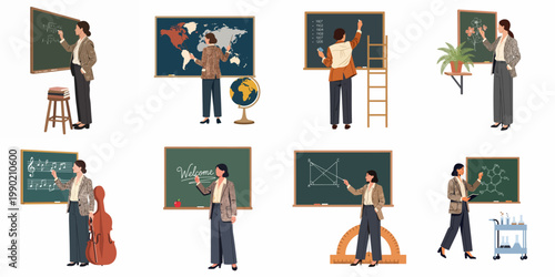 Collection of female teacher characters in classroom settings teaching different subjects on a green chalkboard, vector flat style illustration.