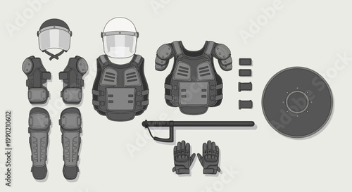 Riot control body armor equipment with shield baton helmet and guards in gray tones against a plain backdrop ready for design use