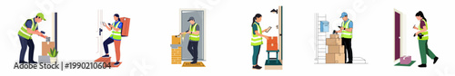 Set of flat illustrations showing delivery personnel delivering packages and scanning barcodes at customers' doorsteps for efficient e-commerce logistics services.