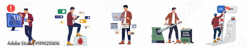 Set of Flat Vector Illustrations Depicting a Software Developer and IT Professional Managing Code, Debugging, Designing, and Maintaining Complex Computer Systems