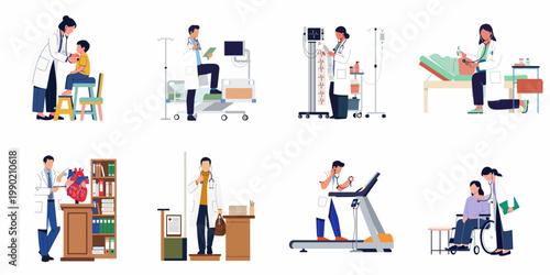 Collection of flat medical illustrations featuring doctors performing various cardiac exams, patient consultations, and health monitoring in hospital settings.
