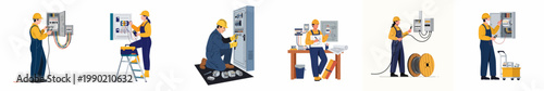 Professional male and female electricians working on electrical panels, circuit breakers, and wiring installations, flat vector set isolated on white background.