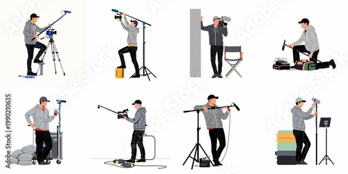 Illustration set of a professional videographer and sound technician operating various film production equipment like boom microphones, cameras, and tripods.