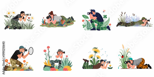 A collection of illustrations depicting wildlife and macro photographers in various poses, capturing images of insects and flowers in nature settings.