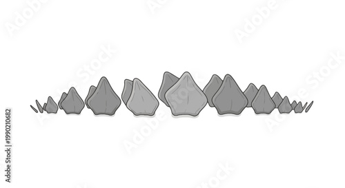 Row of stylized gray stalagmites in graduated sizes against a plain white backdrop in a clean illustration style evoking cartoonish mountains