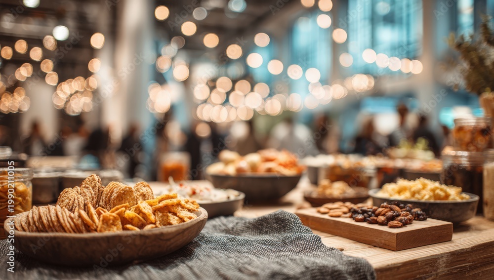Fototapeta premium Assorted snacks displayed on wooden table at a festive event, with blurred background of people and decorative string lights illuminating the space
