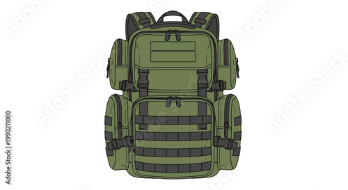 Olive green tactical backpack illustration with multiple compartments and molle webbing isolated against a plain white background clean line art style
