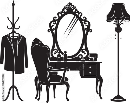 Black silhouette clothing rack with coat chair table jacket