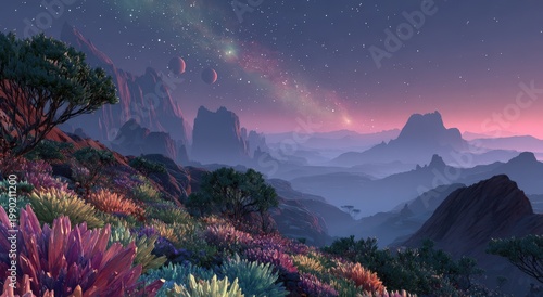 Surreal alien landscape with vibrant crystalline flora, distant mountains, and a starry sky featuring multiple planets and a colorful galaxy in the background