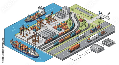 Isometric Logistics Hub: Ships, Trains, Trucks, and Airport for Global Cargo Transport