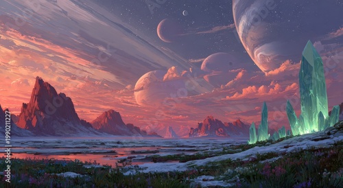 Surreal alien landscape featuring towering crystal formations, distant mountains, and multiple planets visible in a colorful twilight sky with vibrant clouds