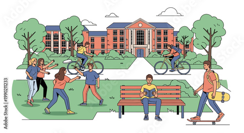 College Campus Life: Students enjoying outdoor activities and studying on university grounds