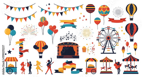 Carnival Celebration Vector Icons: Ferris Wheel, Balloons, Stage, Food Stalls, Banners & Fireworks