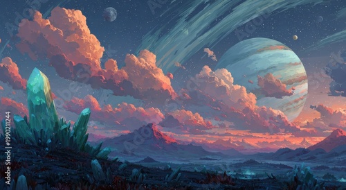 Surreal landscape featuring a large planet with rings, colorful clouds, and crystalline formations under a starry sky, creating a vibrant extraterrestrial scene