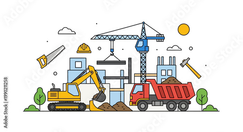 Construction site illustration with excavator, crane, and dump truck. Building progress.