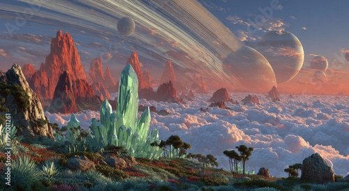 Surreal landscape featuring towering red mountains, large crystalline structures, and multiple planets in a colorful sky above a sea of clouds