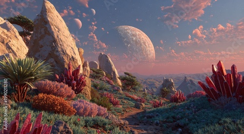 Breathtaking view of an alien planet featuring vibrant colors, towering crystalline structures, and a large celestial body in the sky, creating a surreal landscape