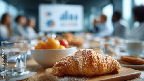 Business meeting in progress with diverse professionals seated around a table, featuring a croissant and fruit bowl in the foreground and presentation screen in the background